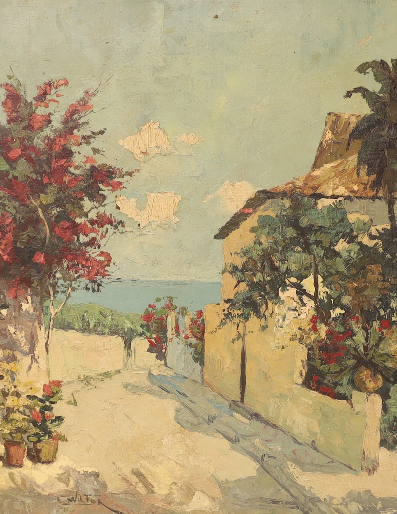 C Wilton, oil on board, Mediterranean coastal street, signed, 50 x 39cm